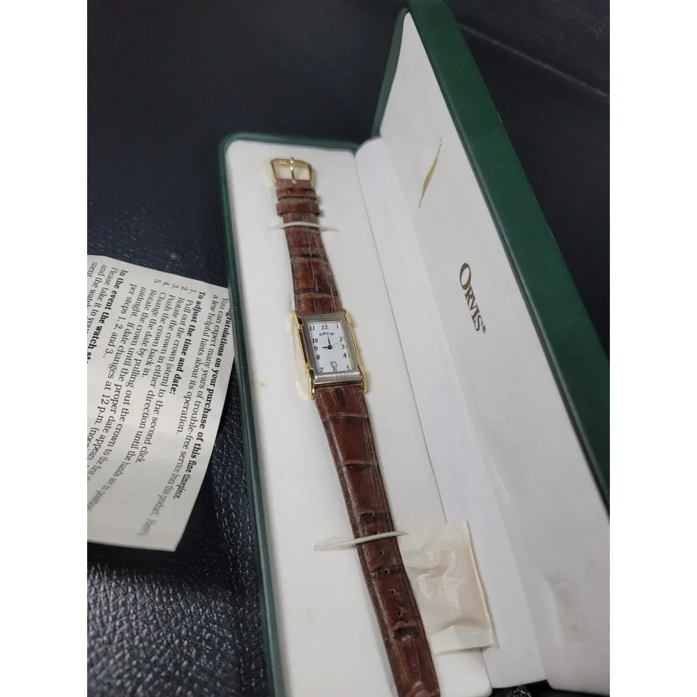 Orvis Quartz Watch Mens Rectangular Tank Leather Box Date VTG - Needs Battery